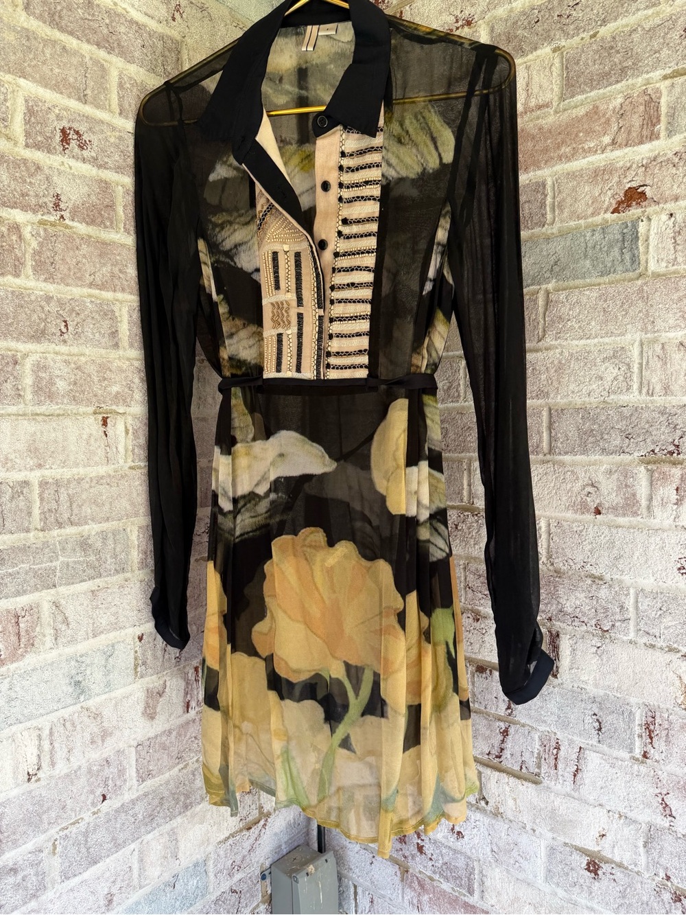 Black Sheer Long-Sleeve Tunic / Blouse with Yellow Floral Print